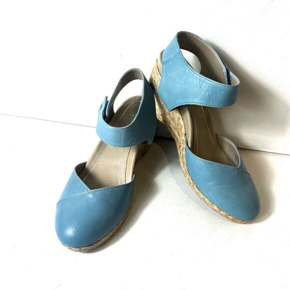 Vionic Blue Leather Wedge Espadrille Womens Size 6 Ankle Strap Round Toe "Loika" - Picture 1 of 11